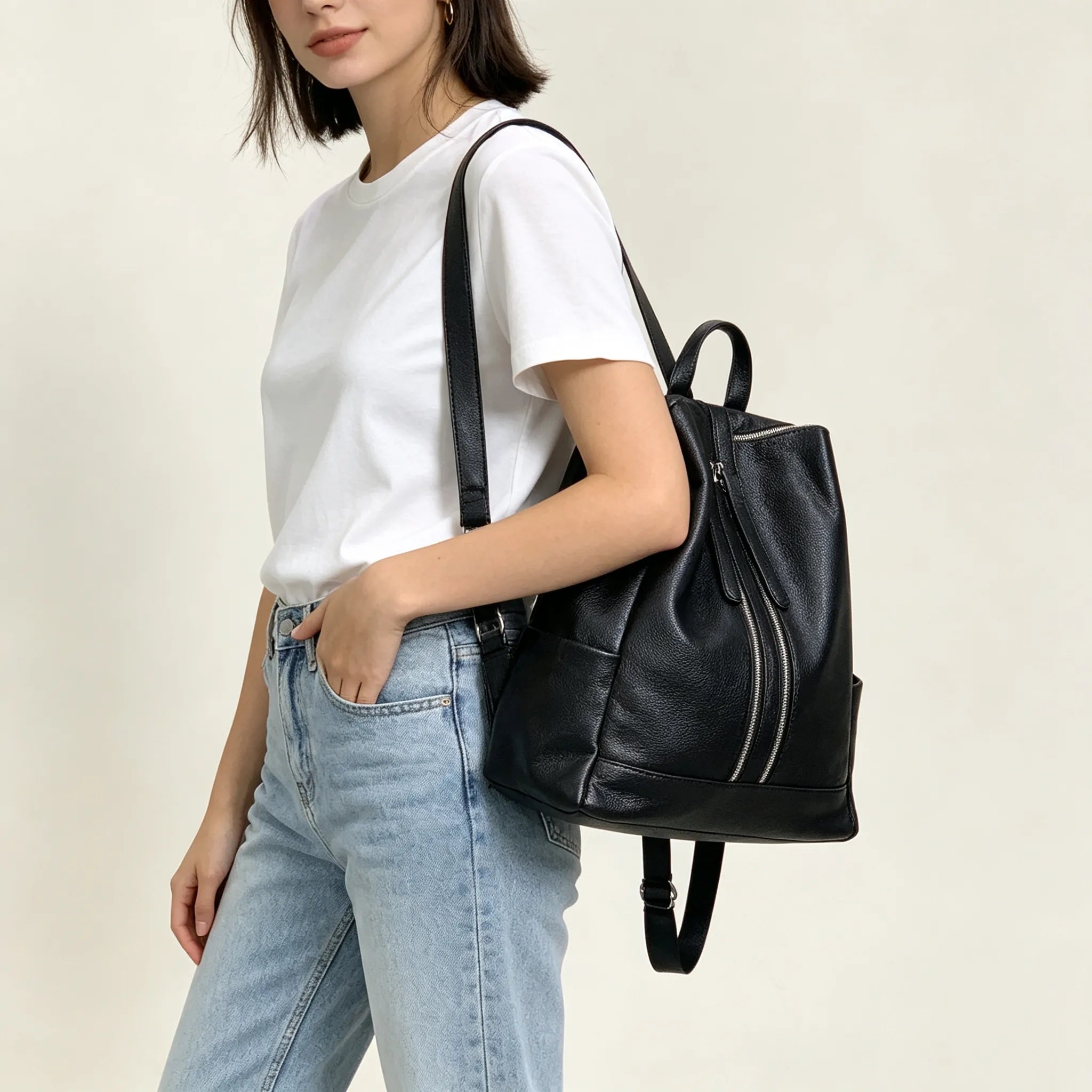 Black Double Zipper Convertible Top Grain Leather Backpack School Bag