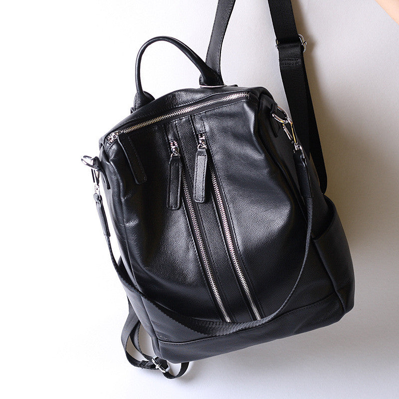 Black Double Zipper Convertible Top Grain Leather Backpack School Bag