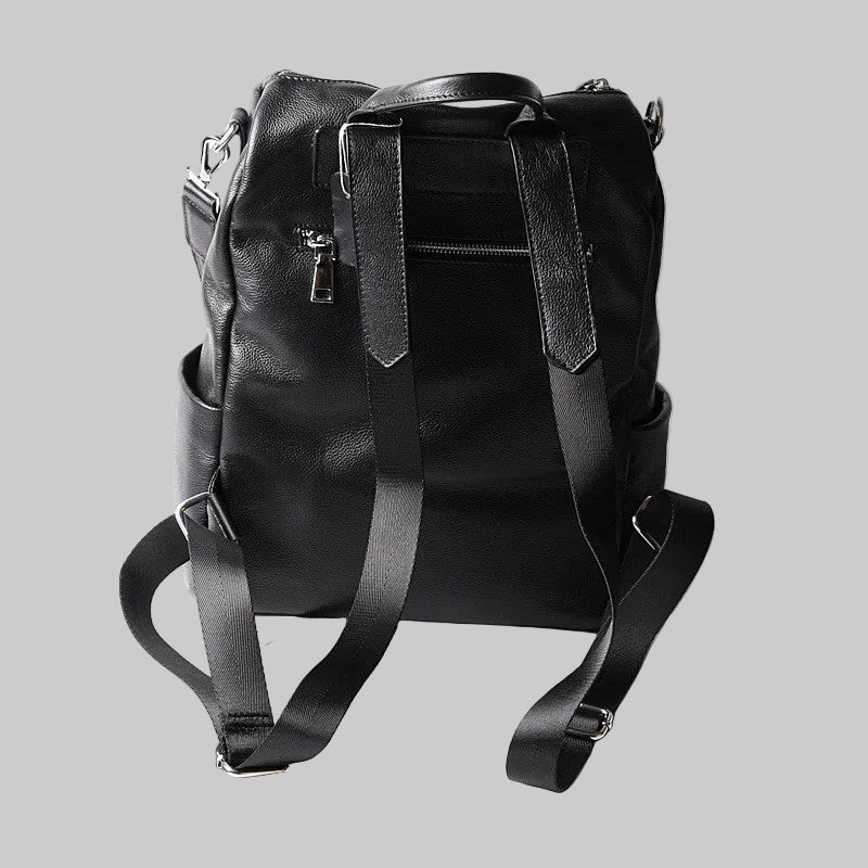 Black Double Zipper Convertible Top Grain Leather Backpack School Bag