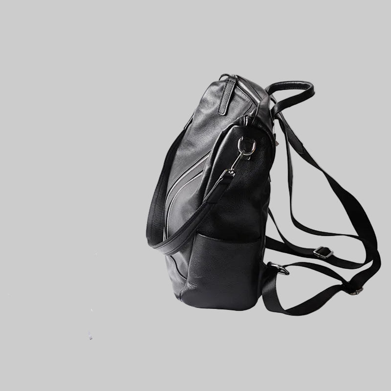Black Double Zipper Convertible Top Grain Leather Backpack School Bag
