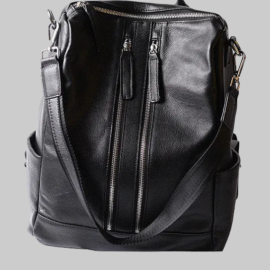 Black Double Zipper Convertible Top Grain Leather Backpack School Bag
