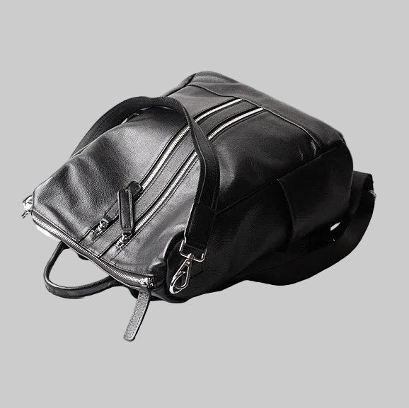 Black Double Zipper Convertible Top Grain Leather Backpack School Bag