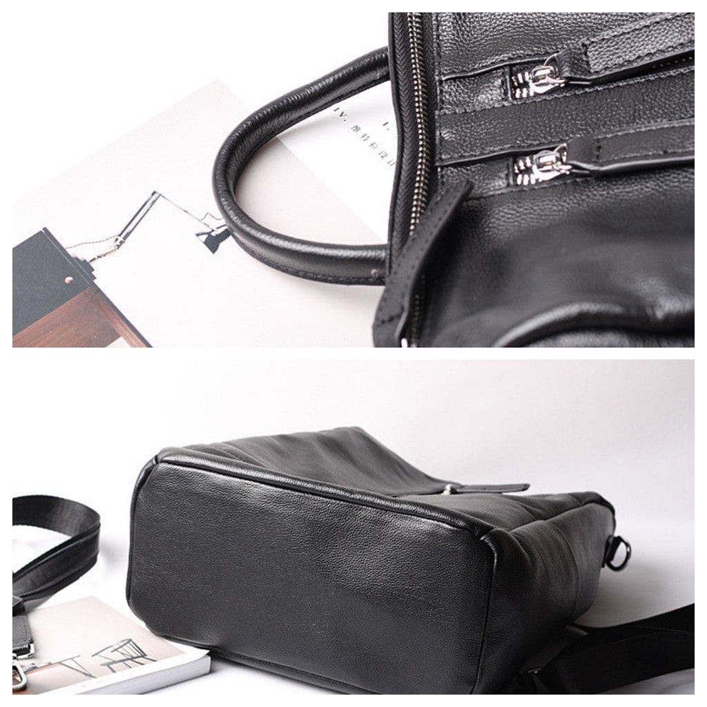 Black Double Zipper Convertible Top Grain Leather Backpack School Bag