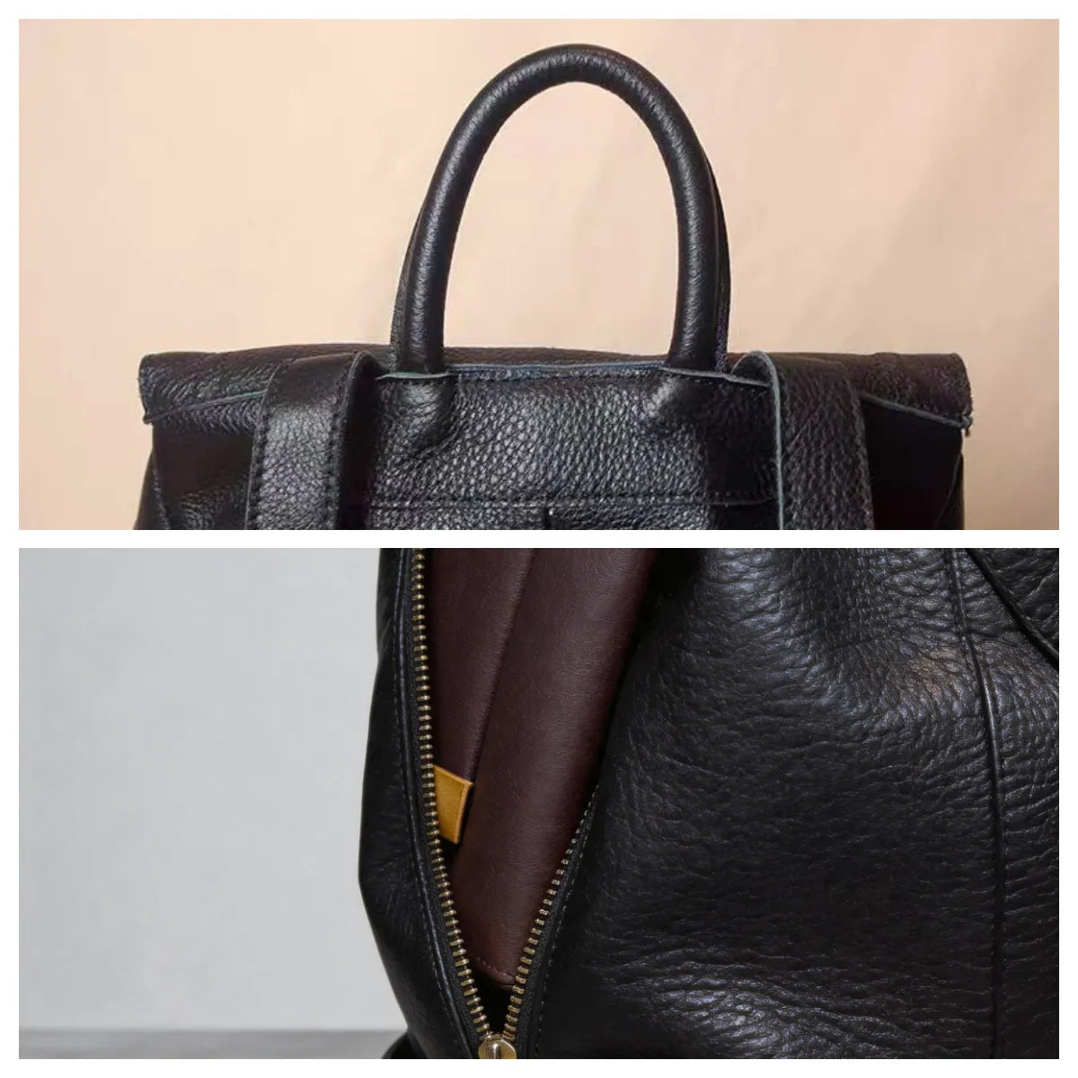 Black leather bag with handle and interior view on a beige and gray background
