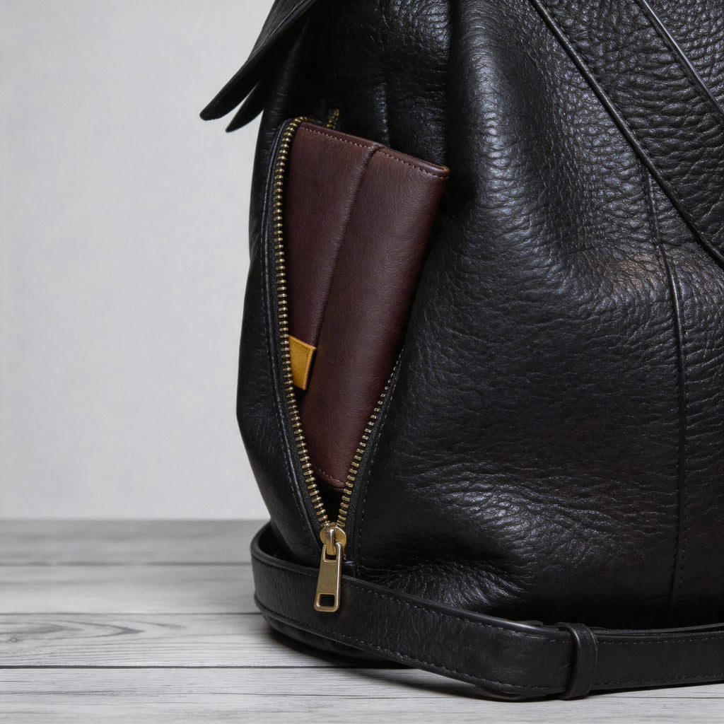 Black leather bag with a brown wallet inside on a wooden surface