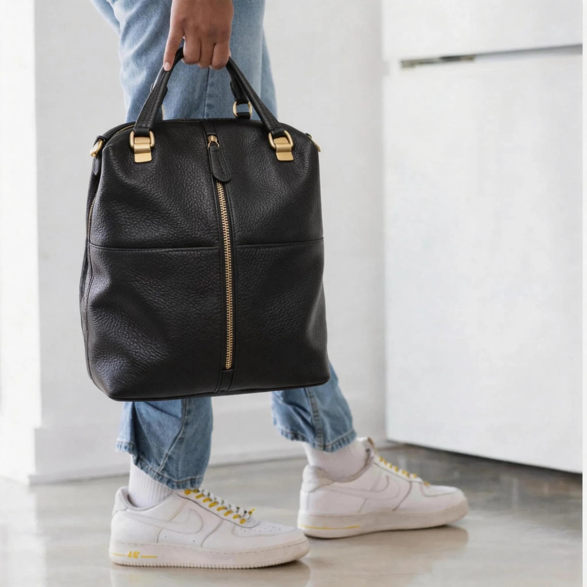 Black Large Soft Handle Convertible Leather Backpack