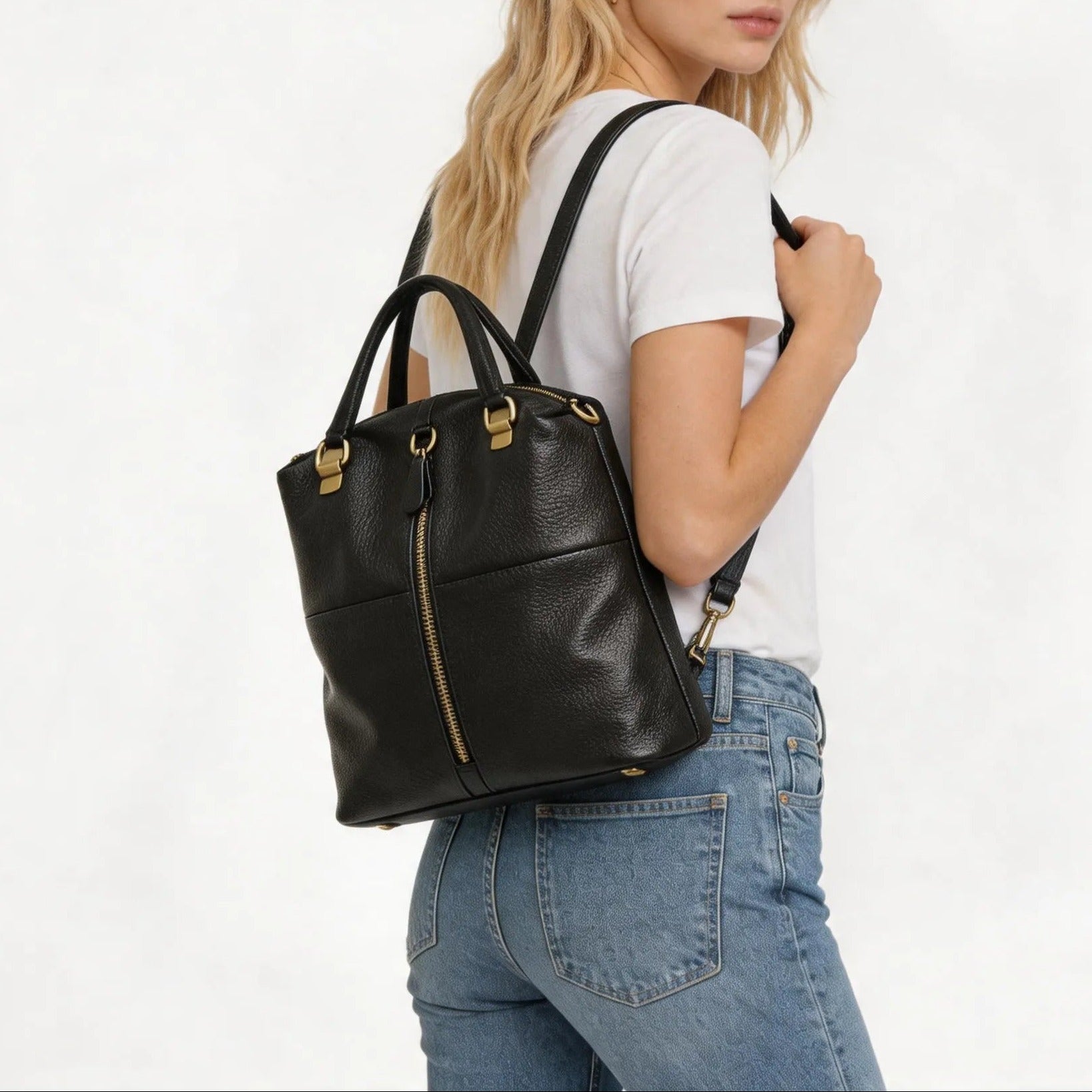 Black Large Soft Handle Convertible Leather Backpack