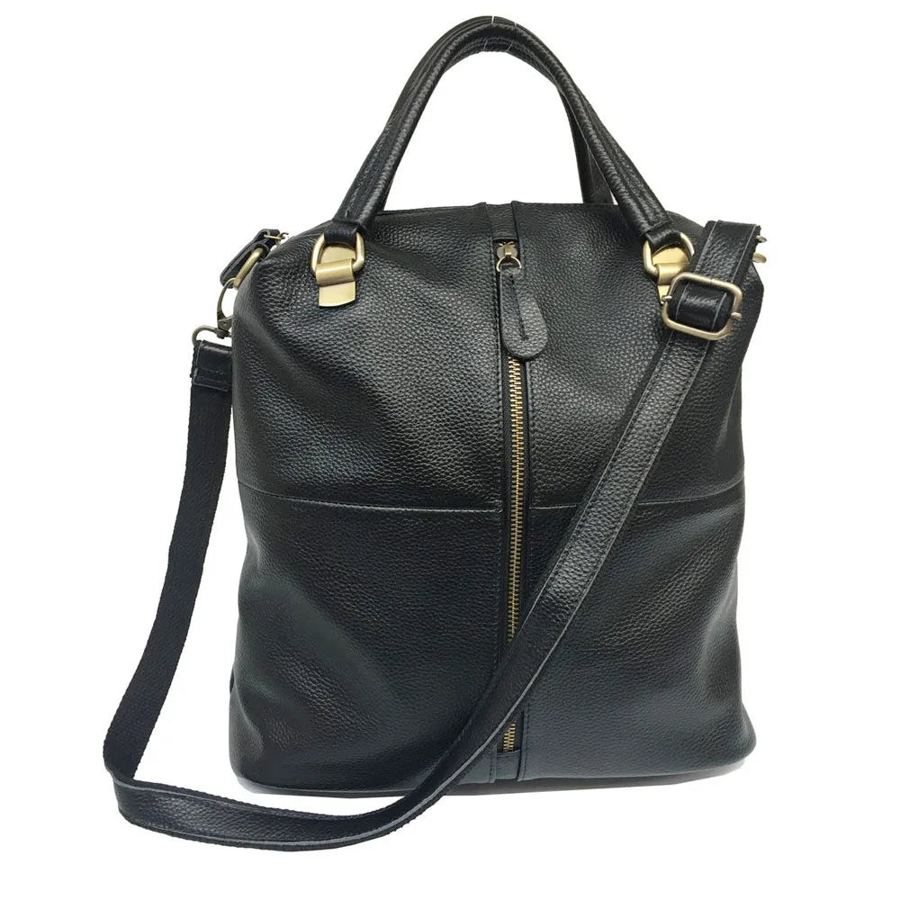 Black Large Soft Handle Convertible Leather Backpack