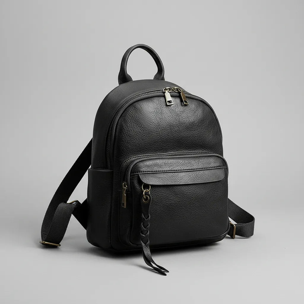 Black leather backpack on a gray background