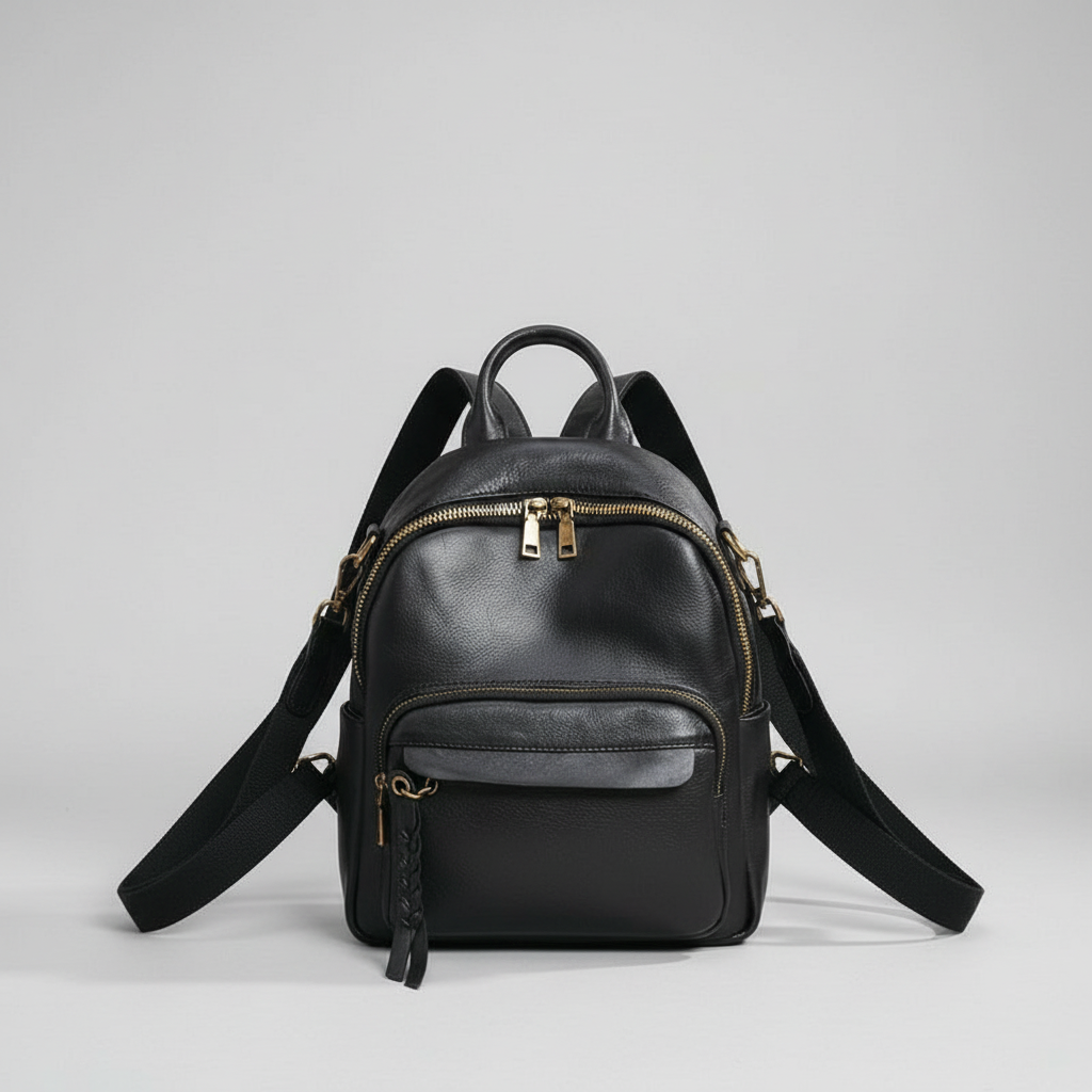 Black leather backpack with gold zippers on a light gray background
