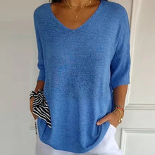 Load image into Gallery viewer, Knitted Medium Shoet Sleeve V-neck Casual Top
