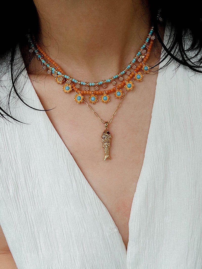Boho Gold Flower Turquoise Bead Necklace