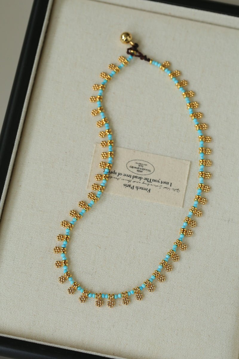 Boho Gold Flower Turquoise Bead Necklace