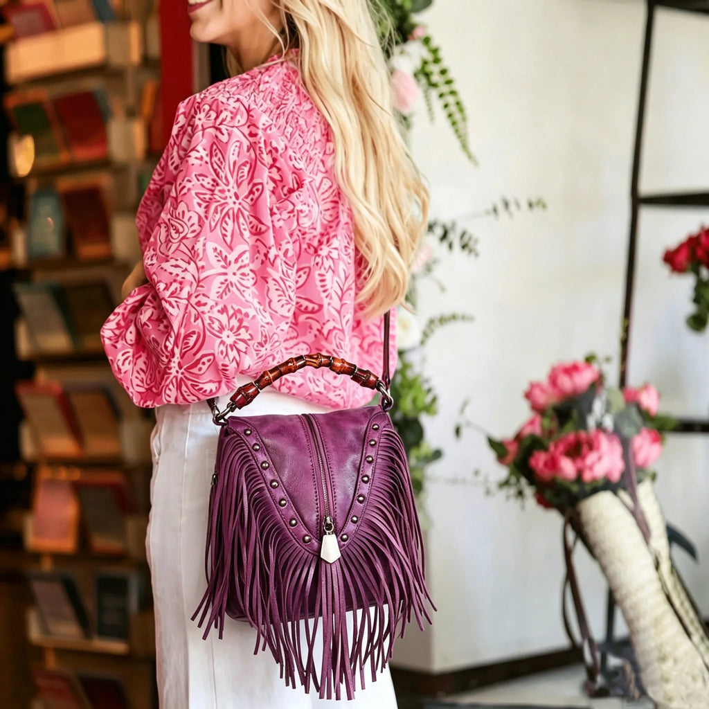 Boho Leather Fringe Crossbody Handbag Small Purses Bag