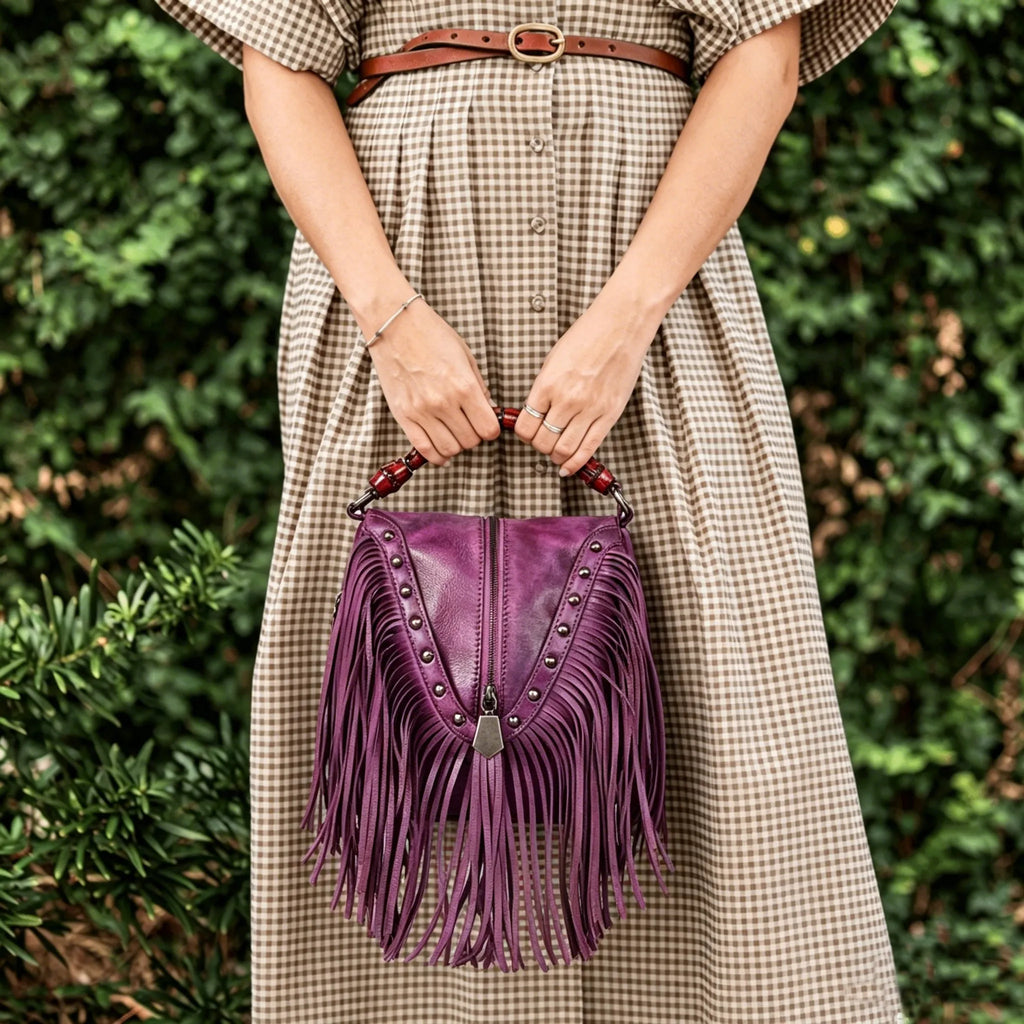 Boho Leather Fringe Crossbody Handbag Small Purses Bag
