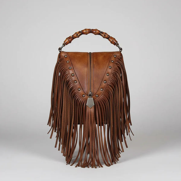 Full Grain Leather Fringe Handbag with Bamboo Handle