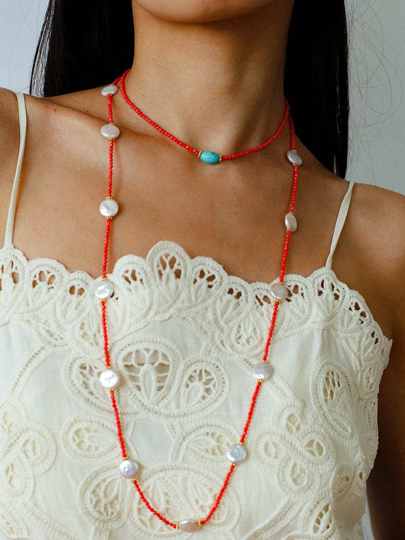 Boho Turquoise Handmade Red Bead Choker Necklace
