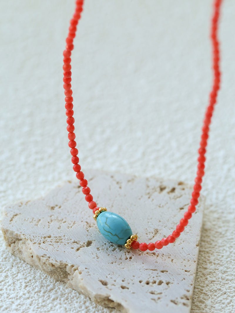 Boho Turquoise Handmade Red Bead Choker Necklace