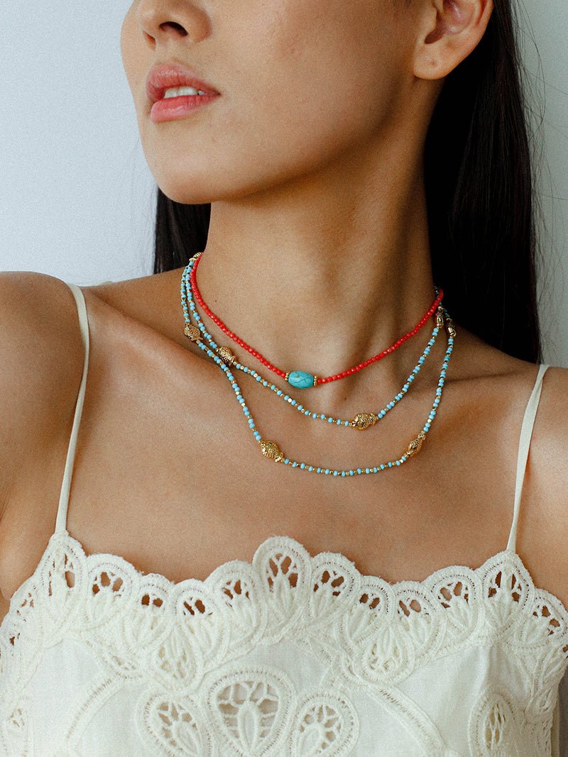 Boho Turquoise Handmade Red Bead Choker Necklace