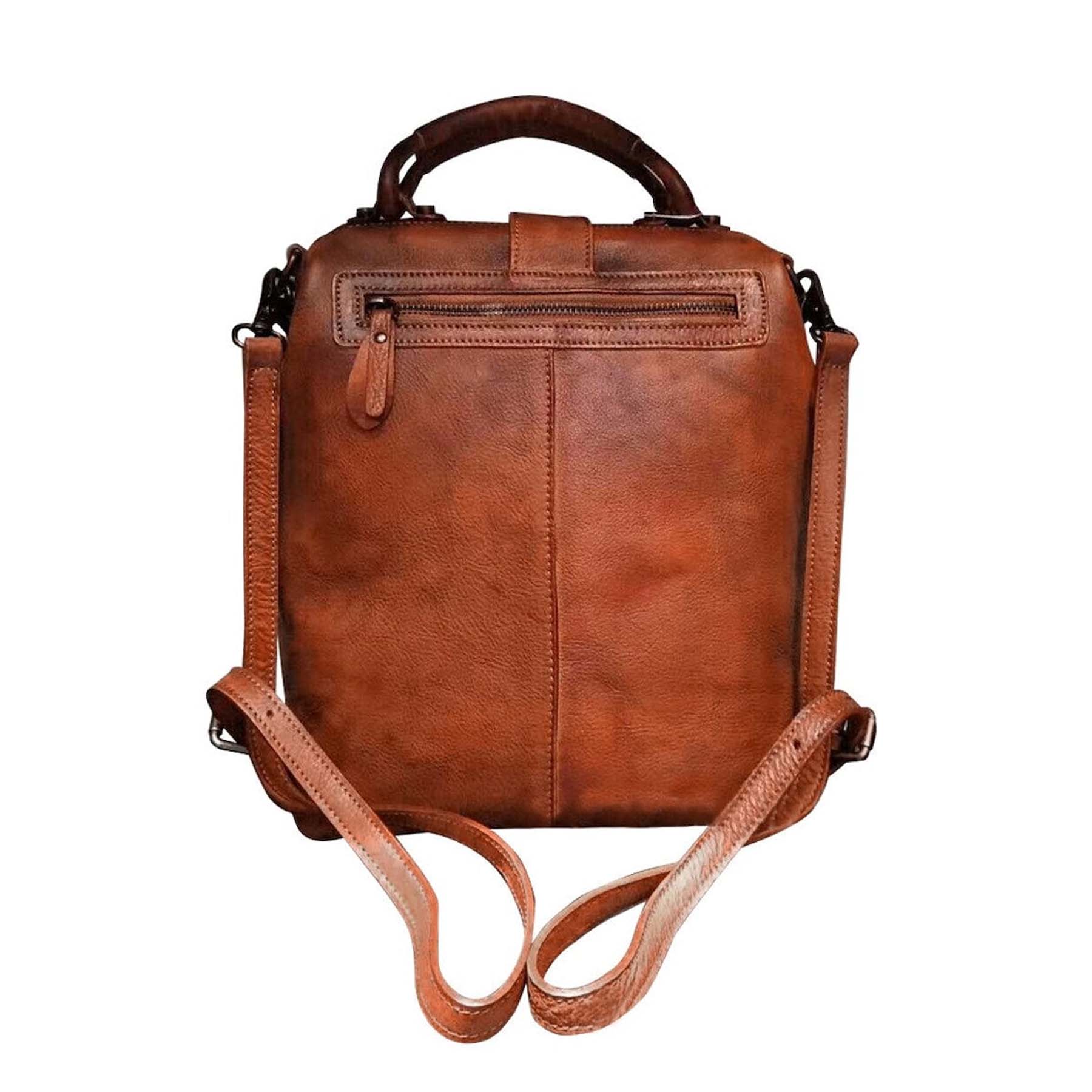 Brown leather backpack with a shoulder strap on a white background
