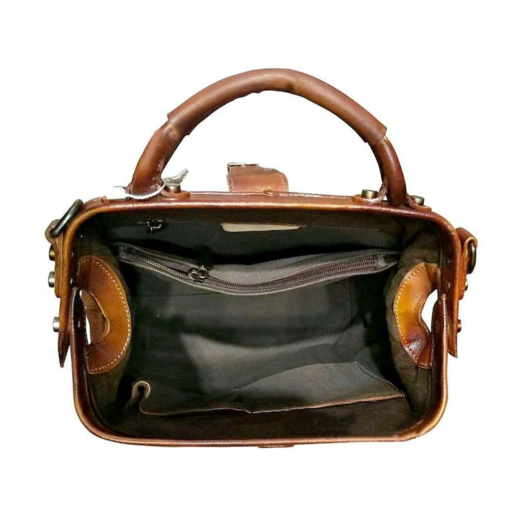 Brown leather handbag with open front compartment on a white background