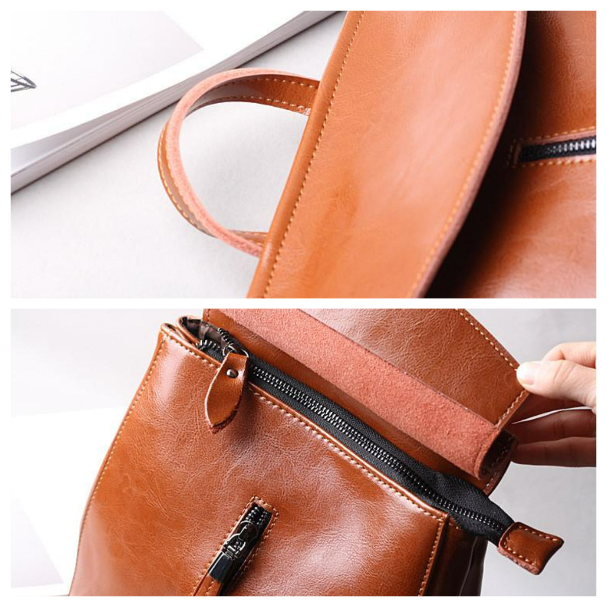 Brown leather handbag with zipper detail on a white background