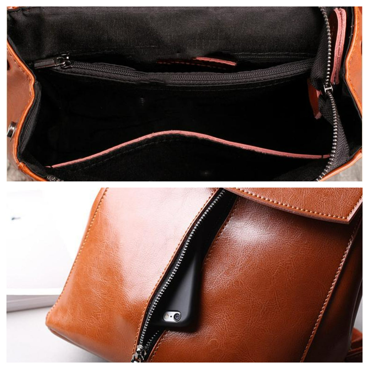 Brown leather bag with zipper detail on a white background