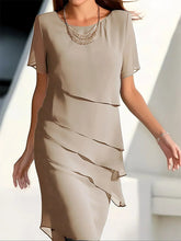 Load image into Gallery viewer, Navy Round Neck Short Sleeves Tiered Mini Dress
