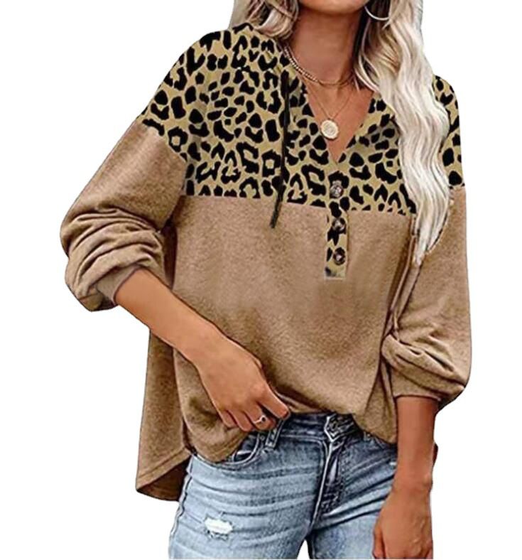 Casual Leopard Print Stitching Button Hoodie