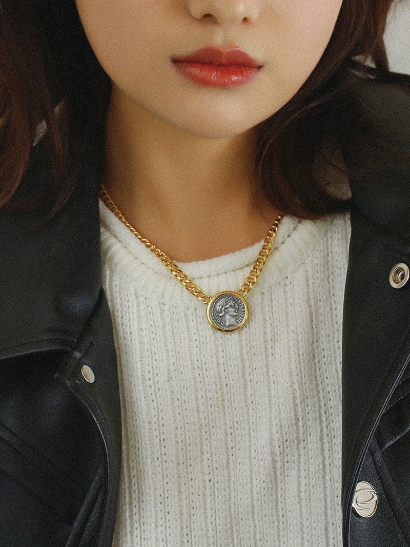 Chunky Cuban Chain Lady Luck Coin Pendant Necklace