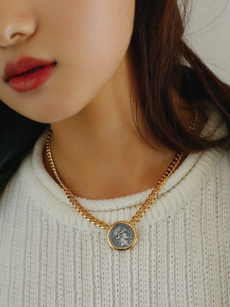 Chunky Cuban Chain Lady Luck Coin Pendant Necklace