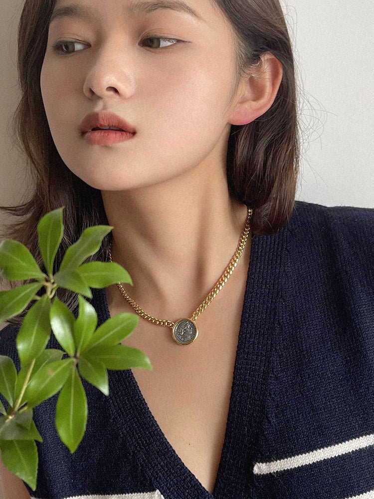 Chunky Cuban Chain Lady Luck Coin Pendant Necklace