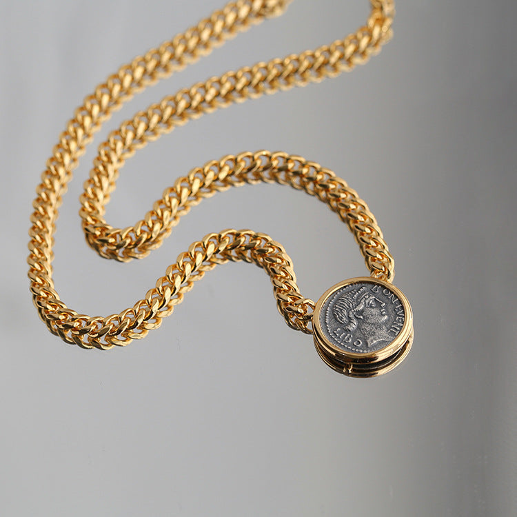 Chunky Cuban Chain Lady Luck Coin Pendant Necklace