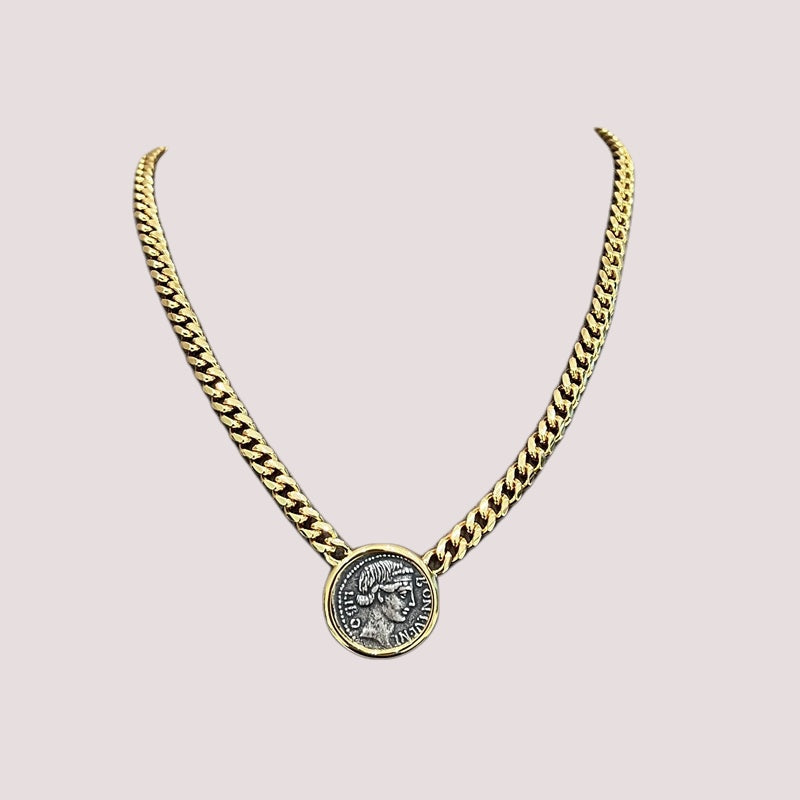 Chunky Cuban Chain Lady Luck Coin Pendant Necklace
