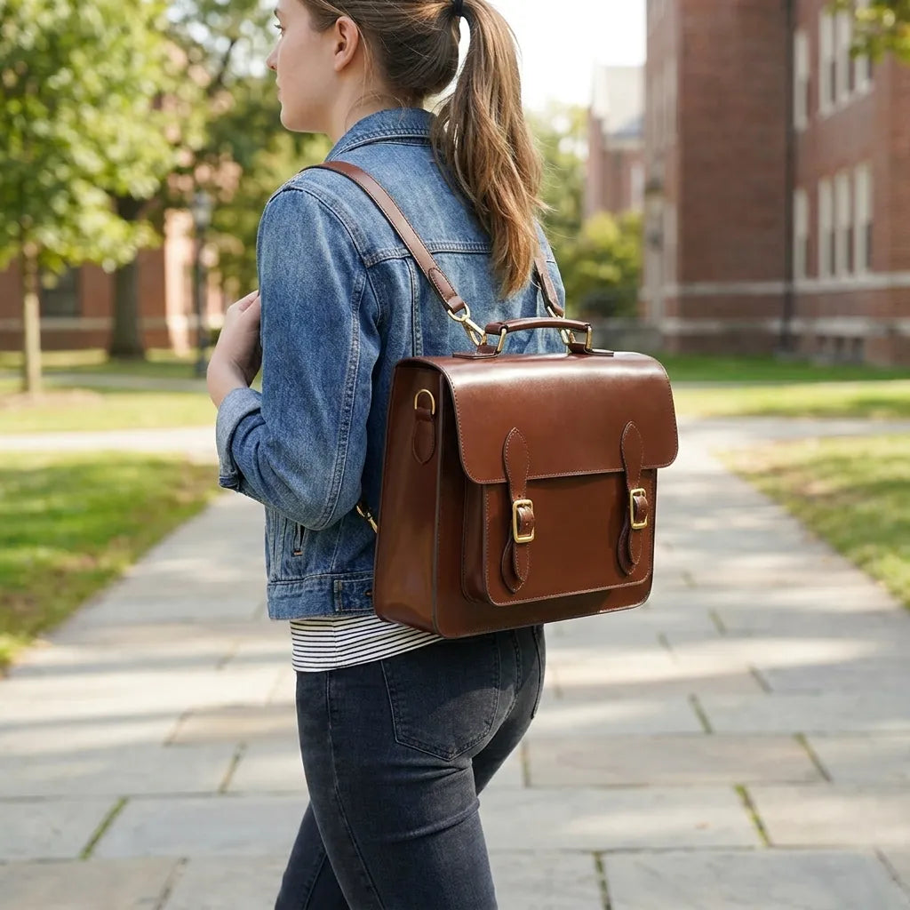 Person walking outdoors with a brown leather satchel bag