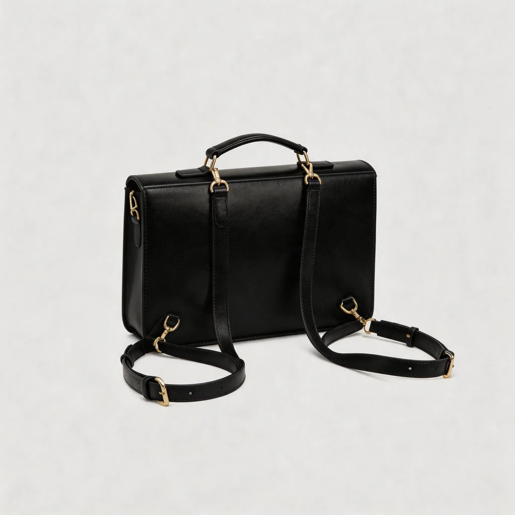 Black leather handbag with gold hardware on a light gray background