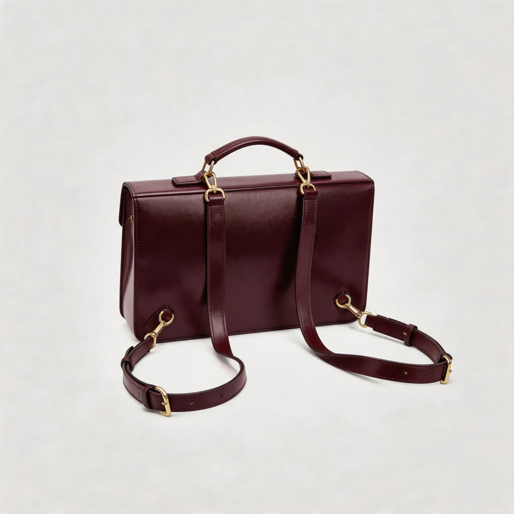 Brown leather handbag with gold hardware on a light gray background