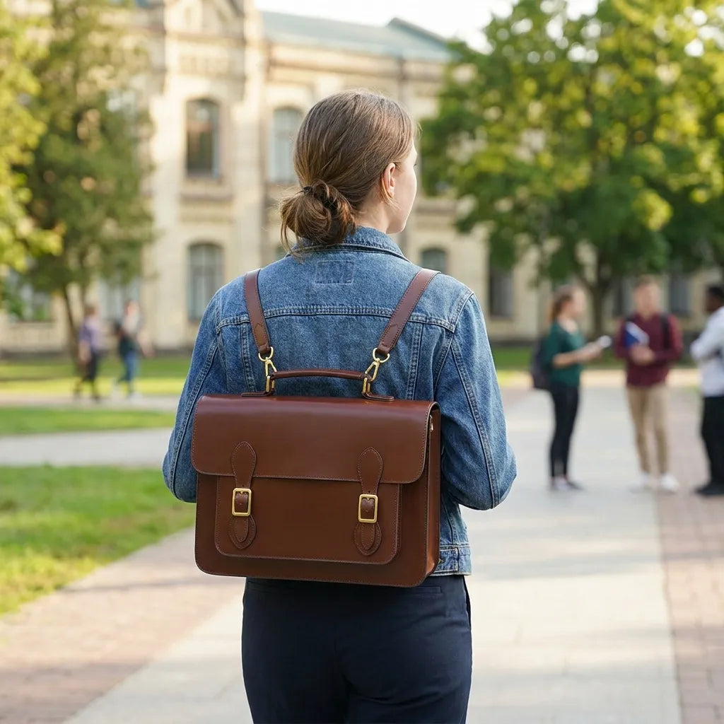 Person with a brown leather satchel walking on a campus path