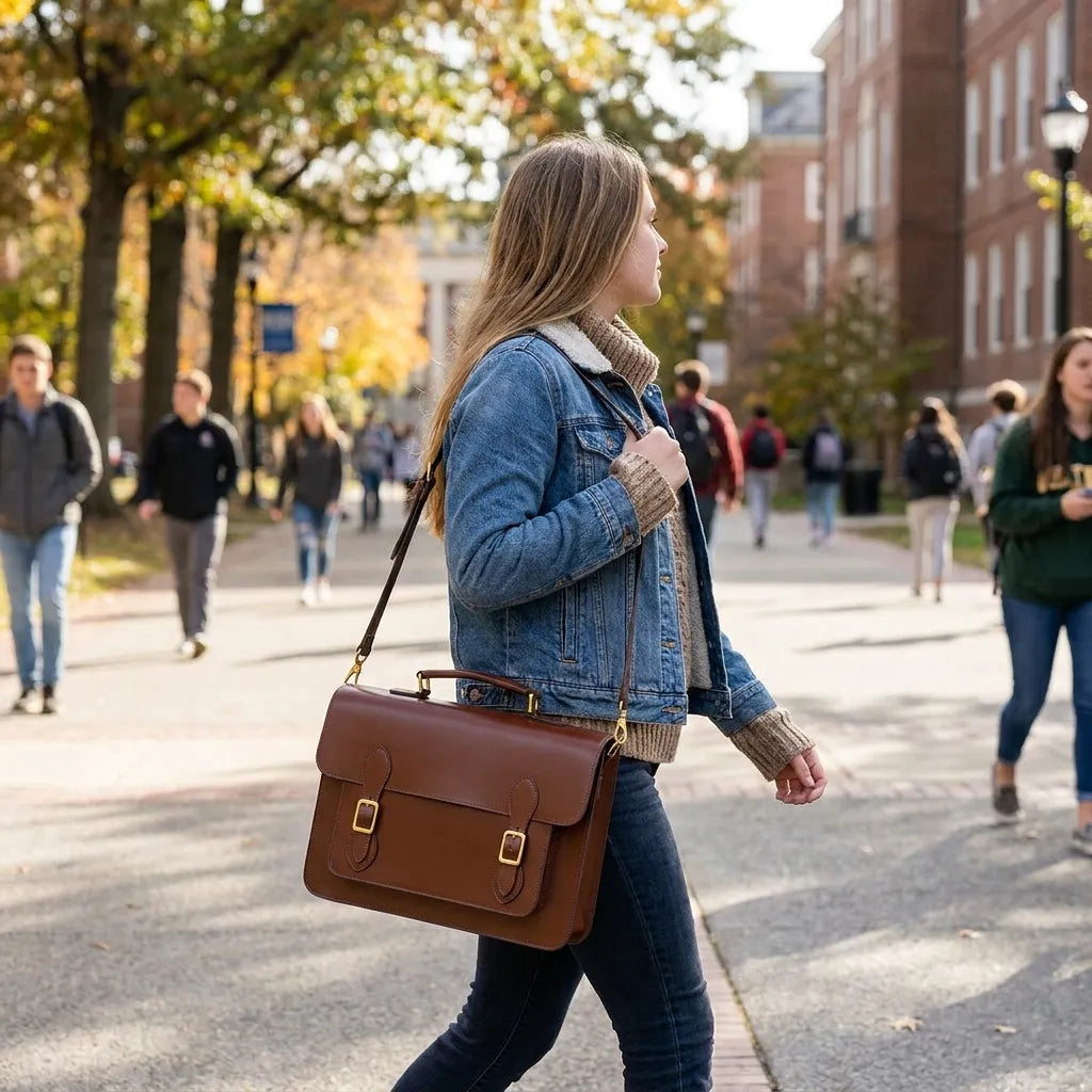 Woman walking on a college campus with a brown leather satchel