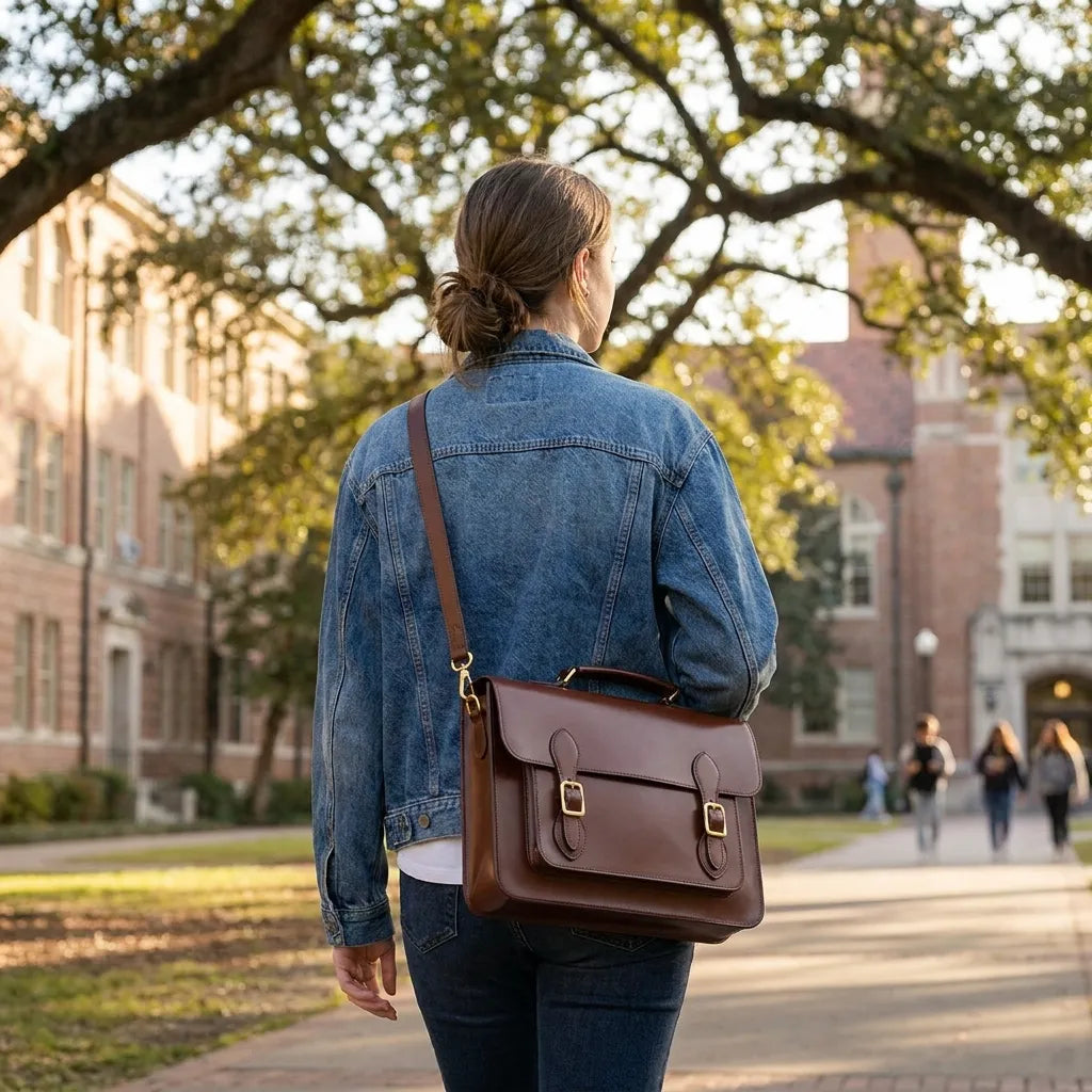 Person walking on a college campus with a brown leather satchel