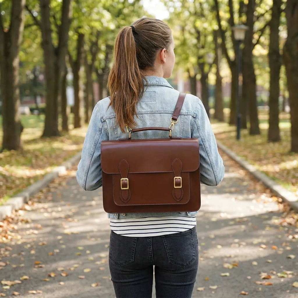 Person walking in a park with a brown leather satchel