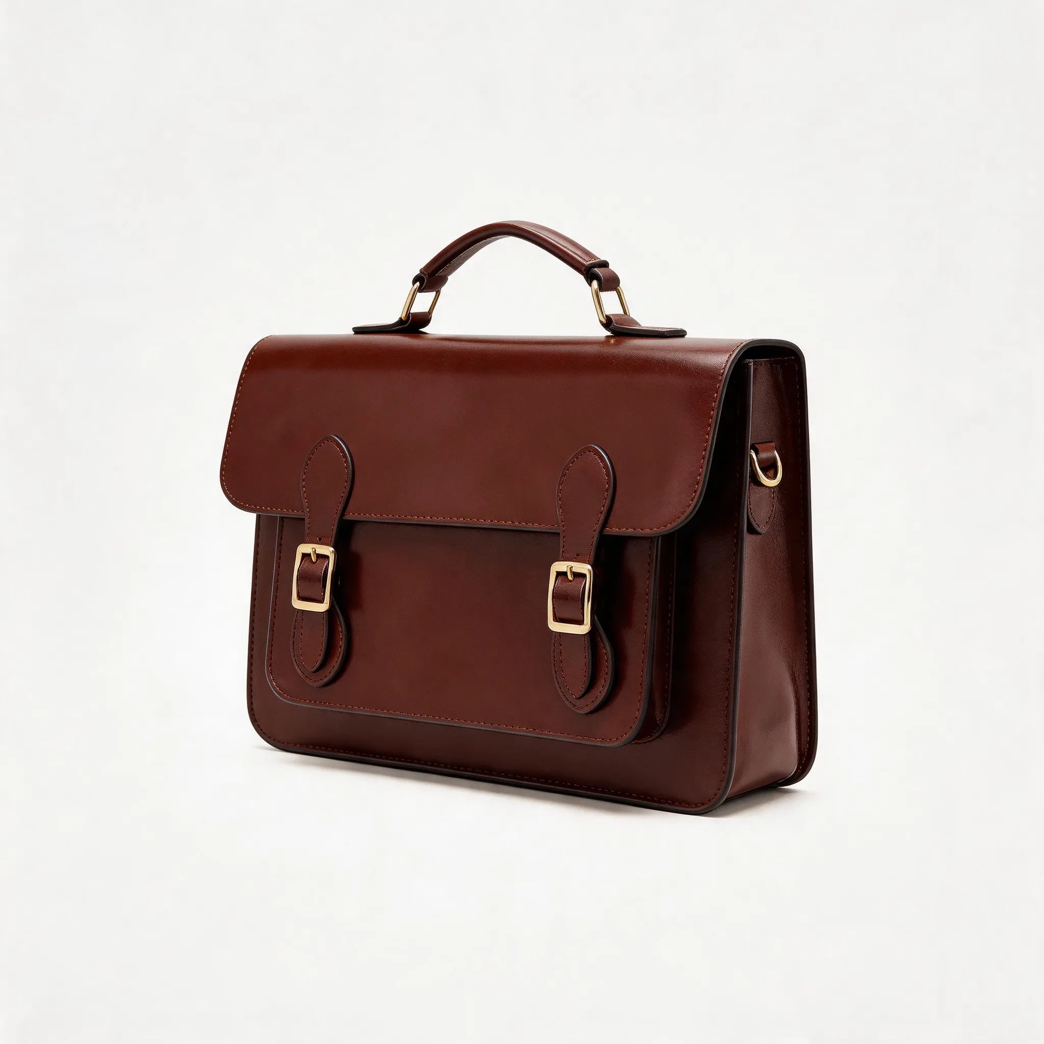 Brown leather satchel bag on a white background