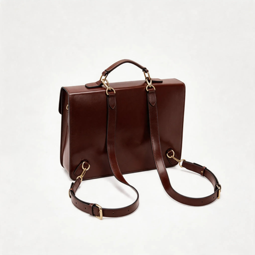 Brown leather satchel bag with a shoulder strap on a white background