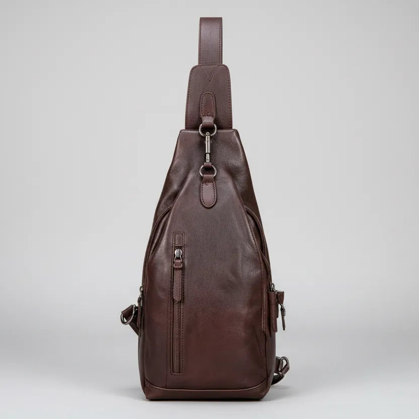 Brown leather sling bag on a light gray background