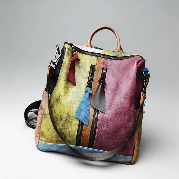 Colorful Patchwork Top Grain Leather Backpack