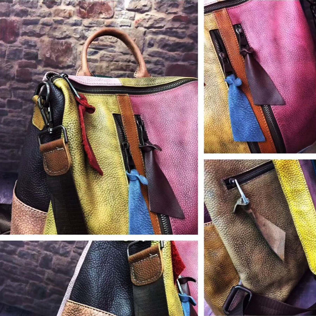 Colorful Patchwork Top Grain Leather Backpack
