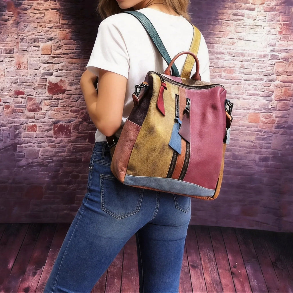 Colorful Patchwork Top Grain Leather Backpack