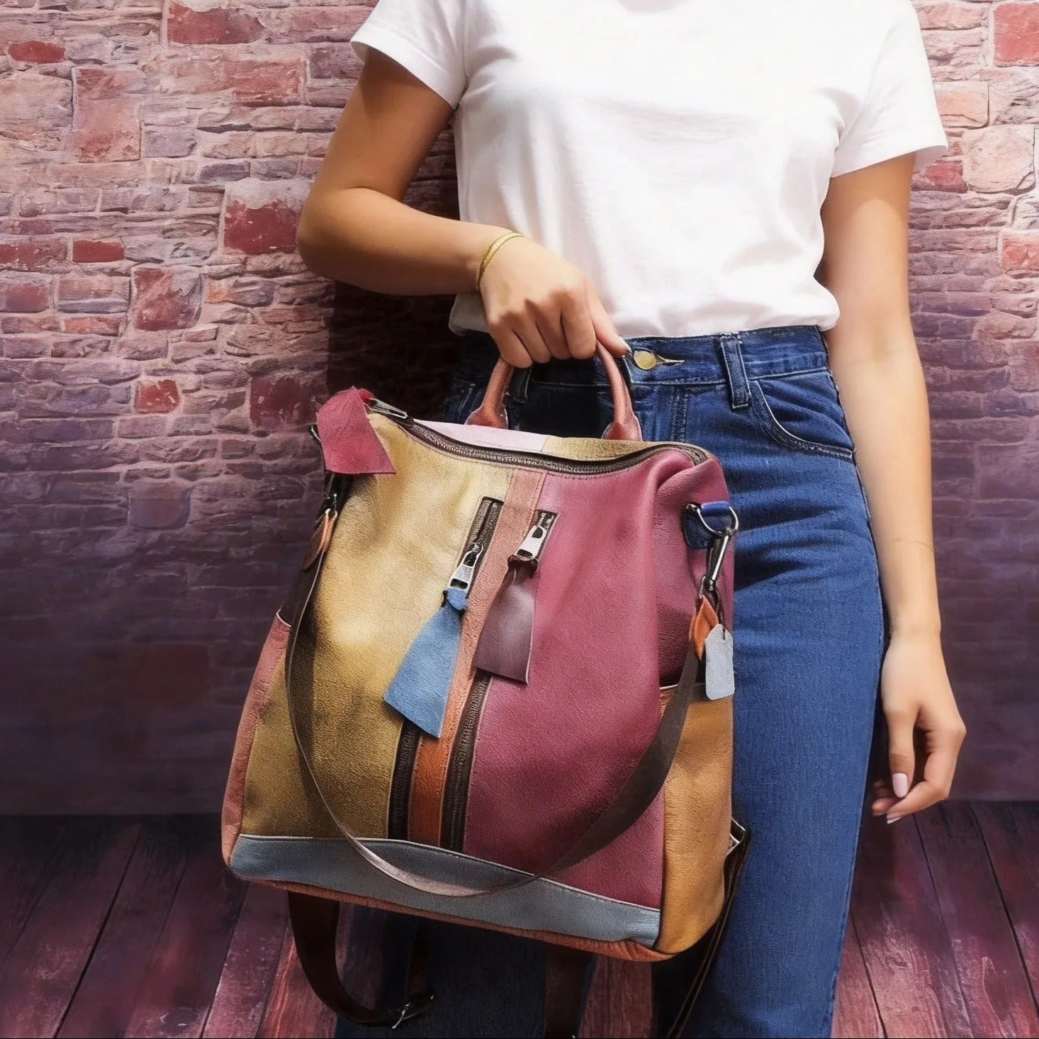 Colorful Patchwork Top Grain Leather Backpack