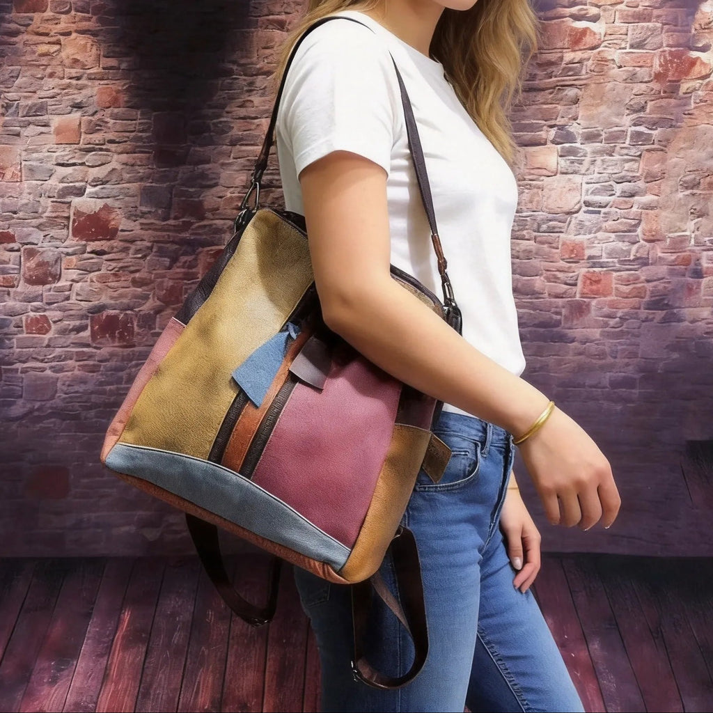Colorful Patchwork Top Grain Leather Backpack