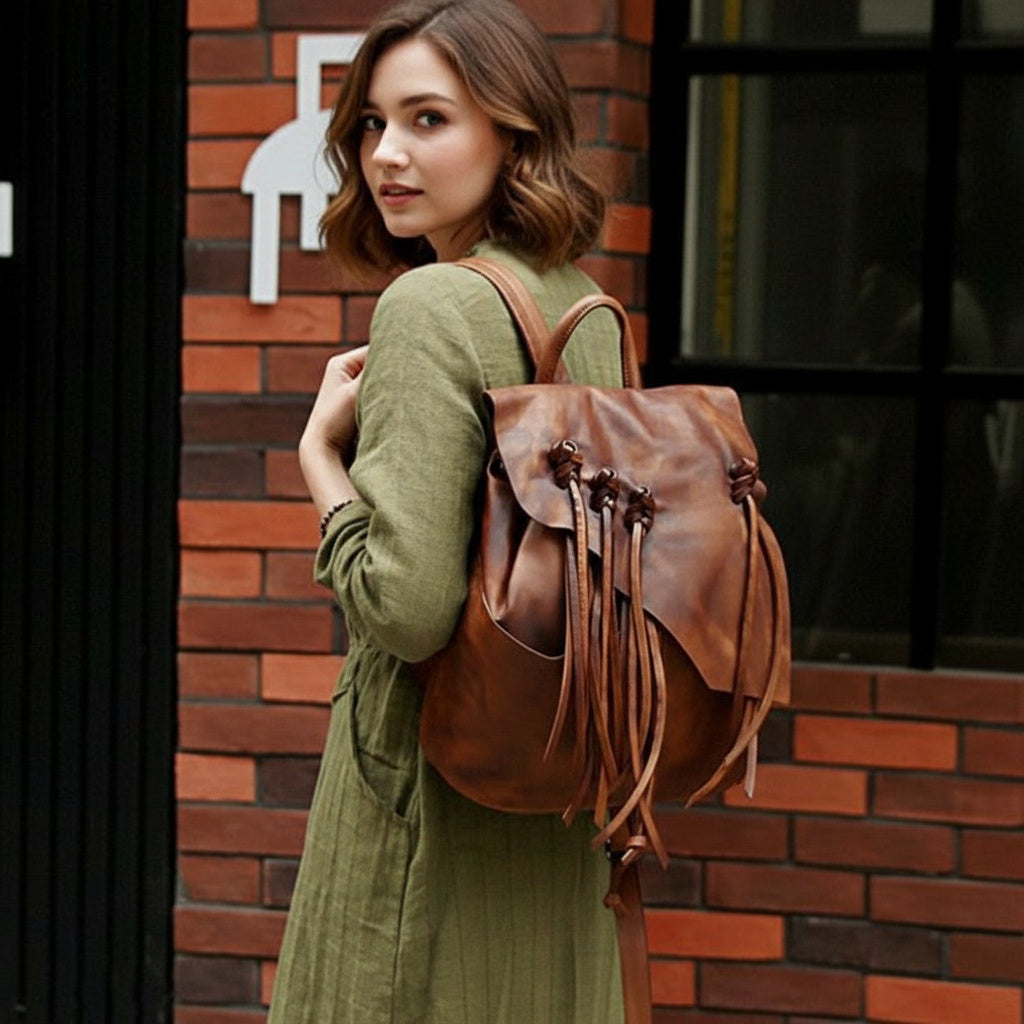 13" Medium Ladies Brown Leather Fringe Backpack Purse Cool Book Bags for Women